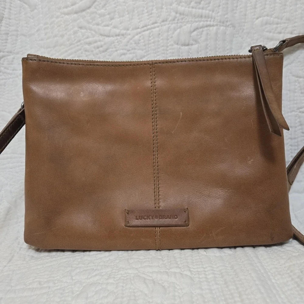 Lucky Brand Brown Leather Crossbody Bag Braided Studded Boho Triple‎ Compartment